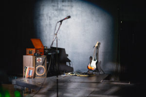 A houseband set up at tLab, Tricklock Company's blackbox theatre.